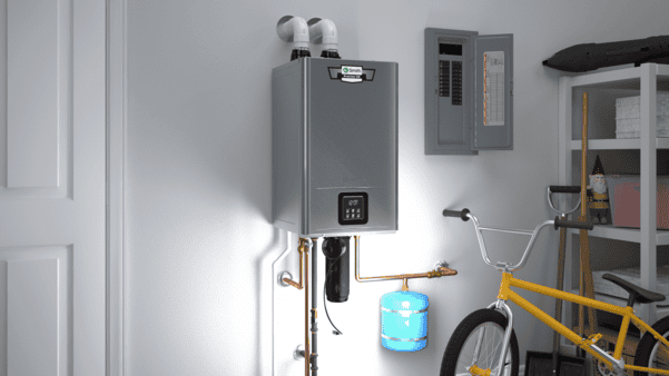 Tankless water heater installed and mounted on a garage wall