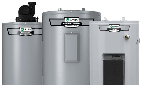 Three A. O. Smith branded tank-type residential water heaters.