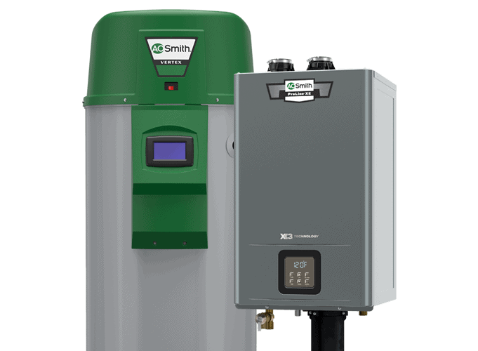 Tank-type and tankless water heaters side by side.