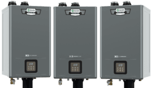 The angled views of the Adapt+ tankless water heater with X3 Scale Prevention Technology.