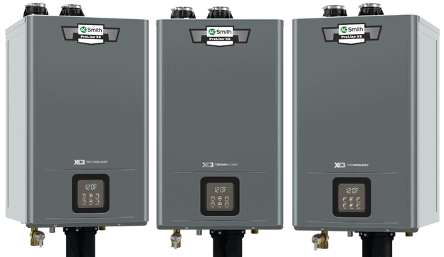 The angled views of the Adapt+ tankless water heater with X3 Scale Prevention Technology.